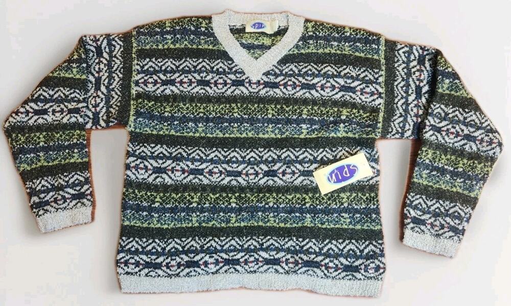 SPIN Vintage Sweater Mens M NWT Fair Isle Geometric Wool Blend V Neck 90s Grunge